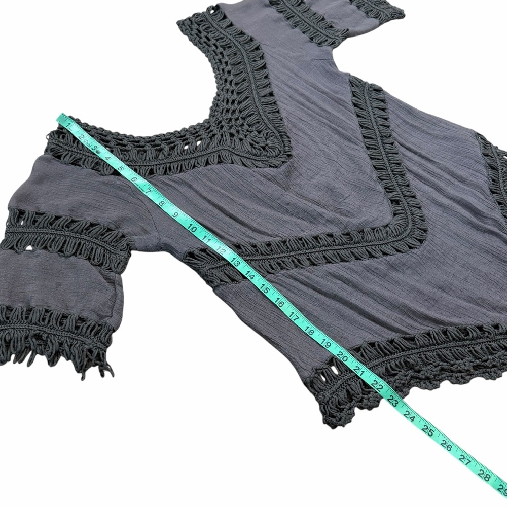 Dreamers Dark Gray Crochet & Gauze Boho Fringe Tunic Blouse - Size Medium - Picture 10 of 14
